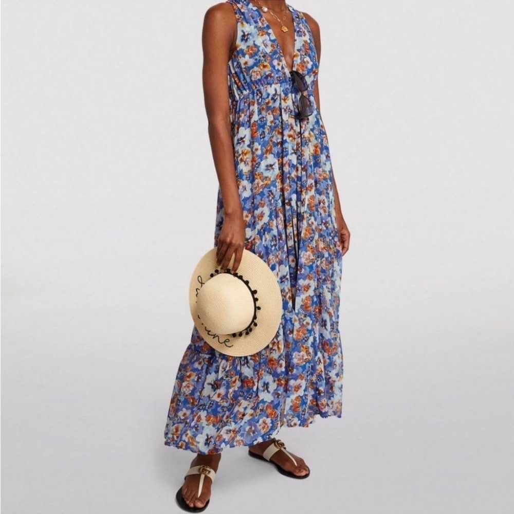 Misa Los Angeles Dominika Dress Pansy Print Floral Blue Orange Maxi Dress